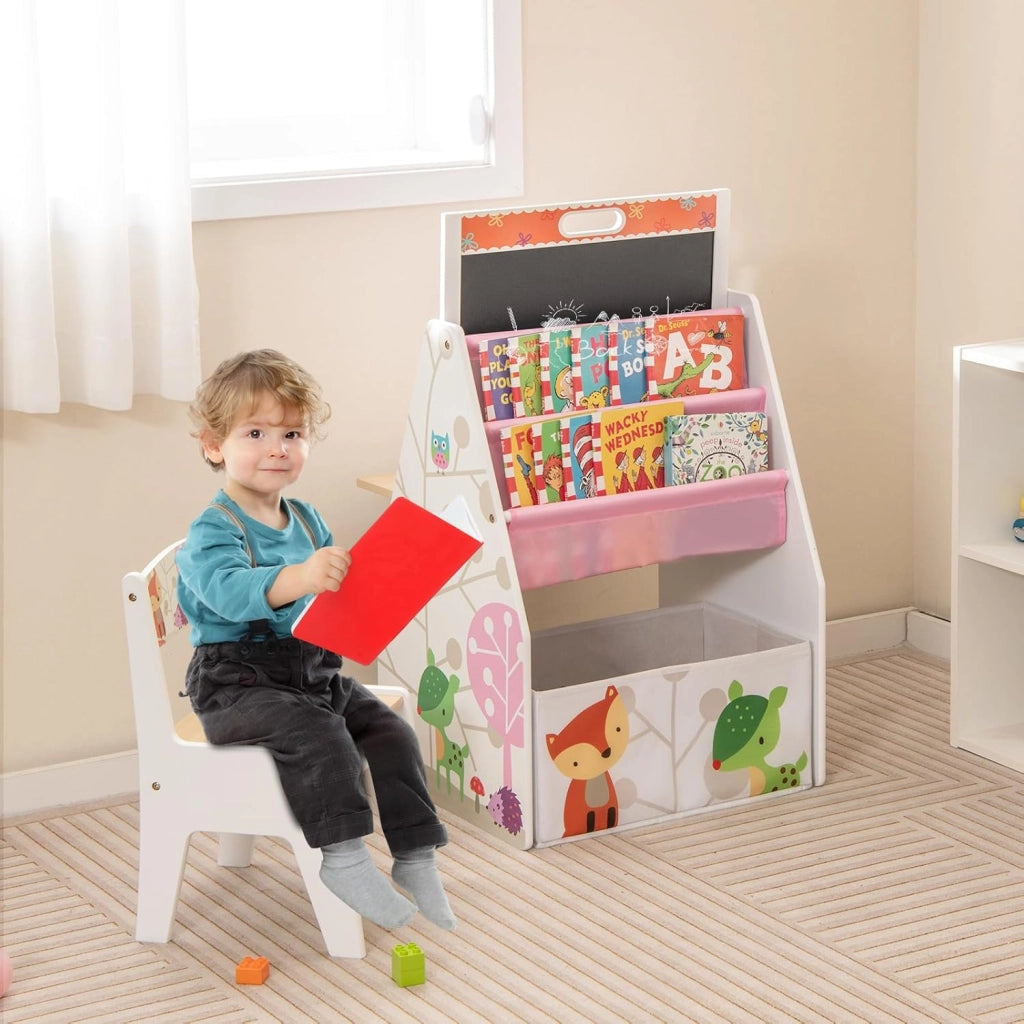 Cavalletto per Bambini Doppio Lato, Set Tavolo e Sedia per Bambini con Lavagna Magnetica e Lavagna Bianca, Contenitore in Tessuto e Libreria(Bianco)