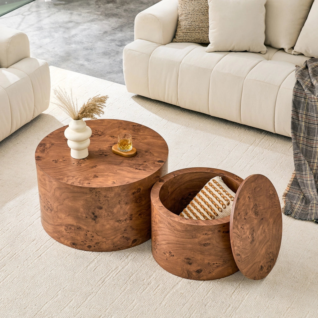 Tavolini da salotto impilabili con vani contenitore e coperchio removibile, finitura legno, in MDF, marrone