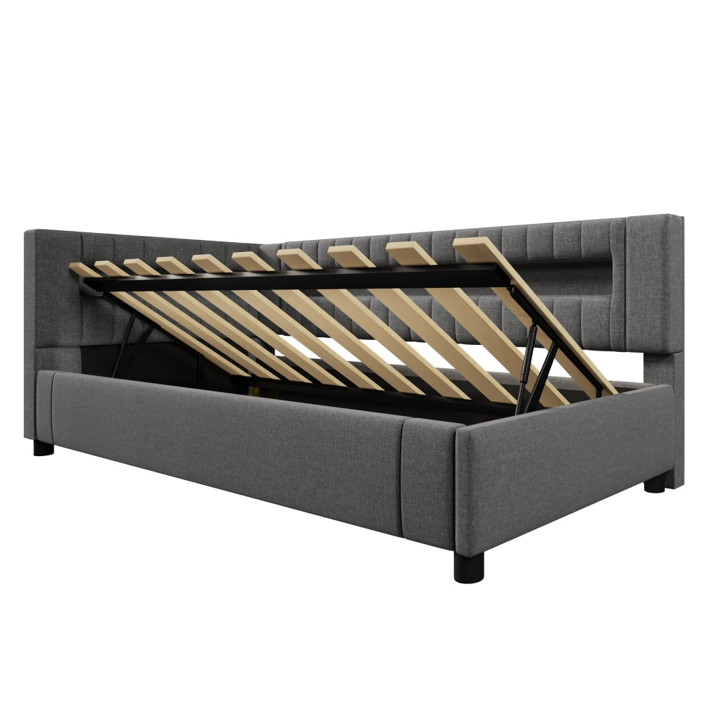 Daybett 90x200 cm in Leinen und MDF mit LED-Lichtleiste, hydraulischem Stauraum, USB + Type-C, Grau