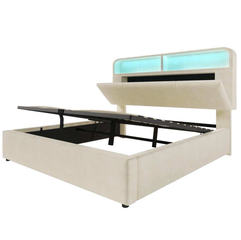 Letto imbottito 140x200 cm con testiera regolabile in velluto beige, contenitore idraulico, illuminazione LED e stazione di ricarica USB/Type-C, con rete a doghe (senza materasso)