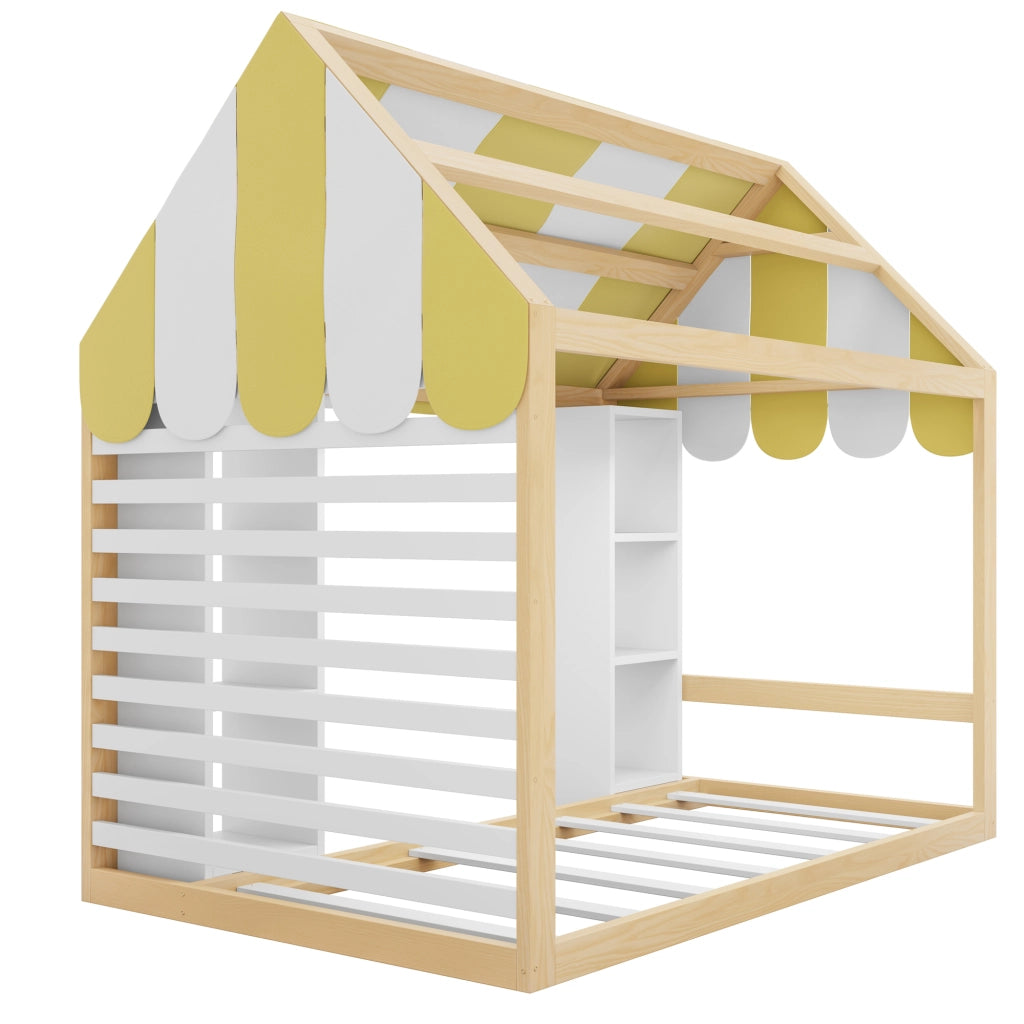 Letto per bambini 90 × 200 cm con baldacchino e due vani aperti in legno bianco e naturale