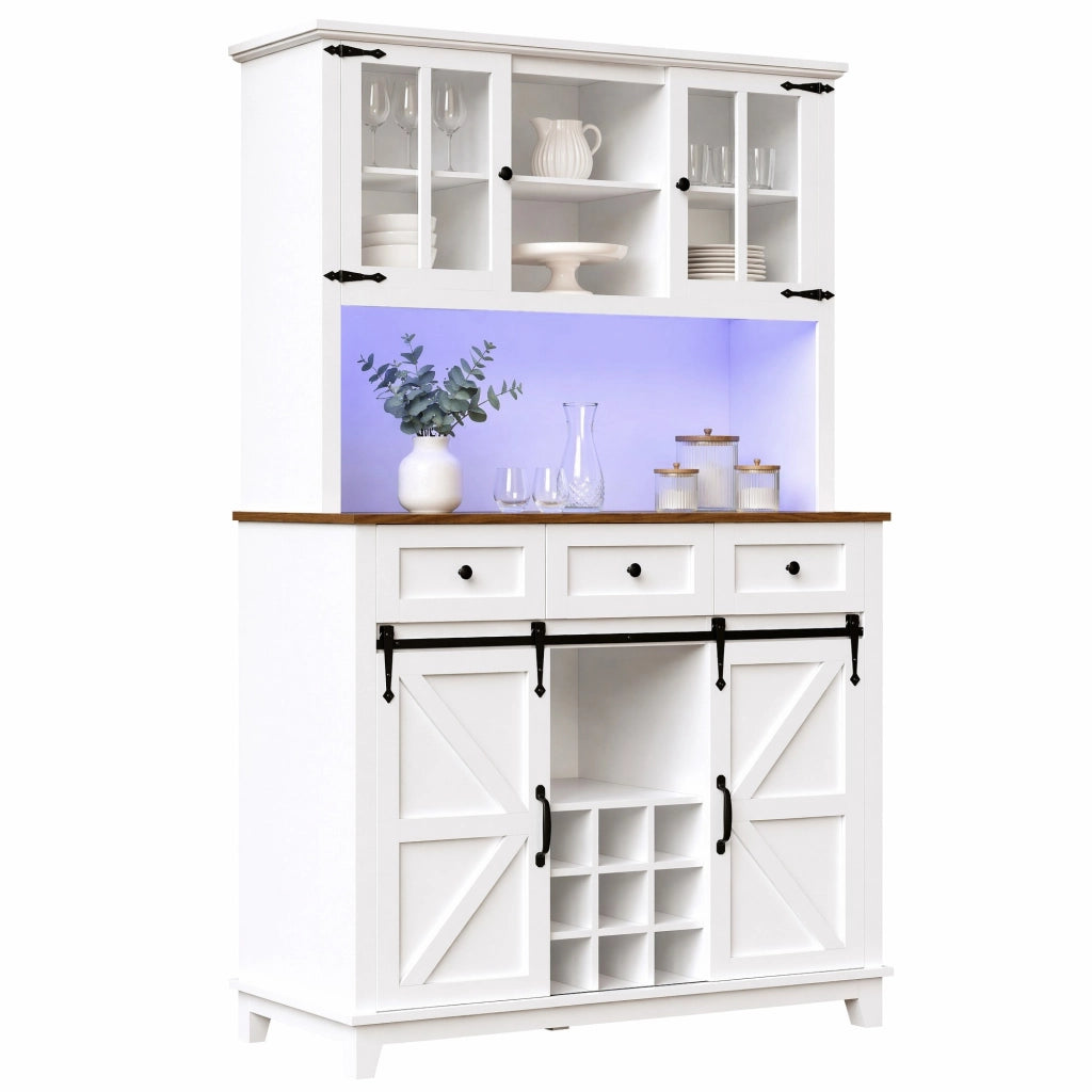 Credenza alta da cucina 105x38,4x180 cm in MDF bianco con LED, ante scorrevoli e ripiani regolabili