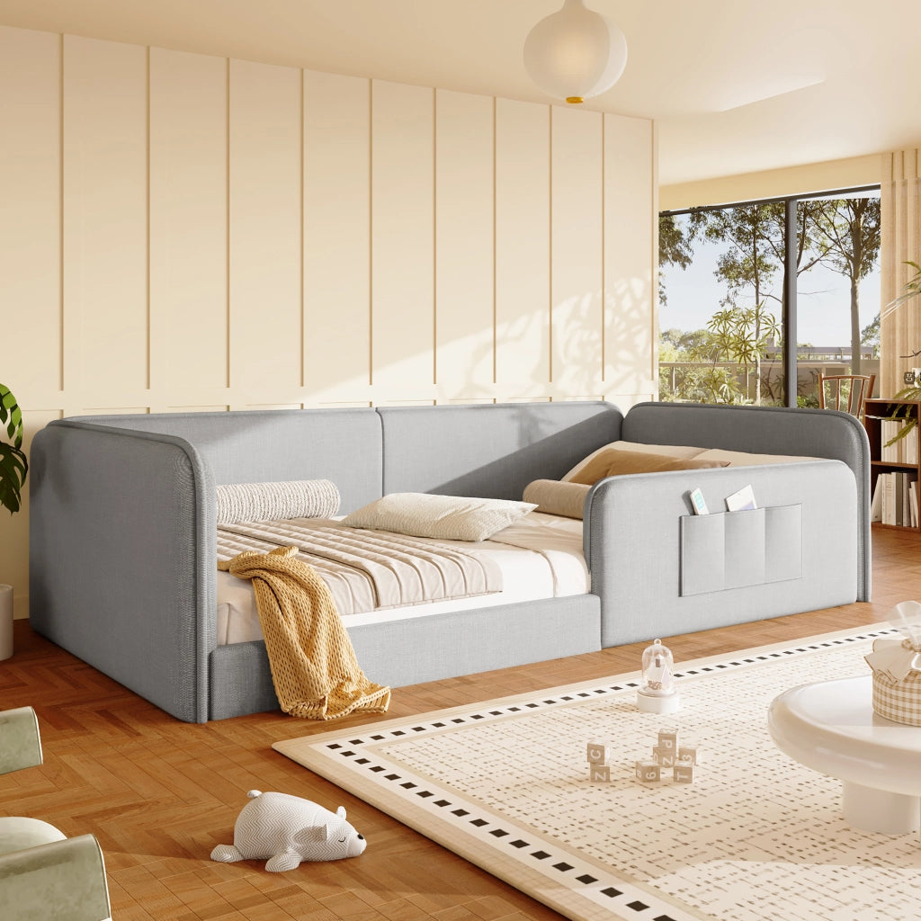 Letto per bambini 90x200 cm imbottito con tasche laterali e bordo di sicurezza; MDF e lino grigio