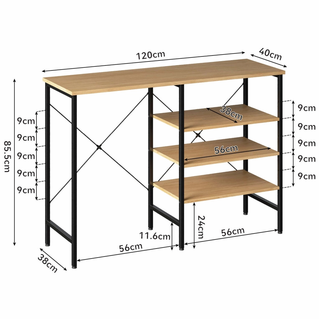 Tavolo Organizer Multifunzionale 120x40x85,5 cm con Struttura Metallica Nera e Piano Effetto Legno, Montaggio Flessibile per Cucina e Soggiorno