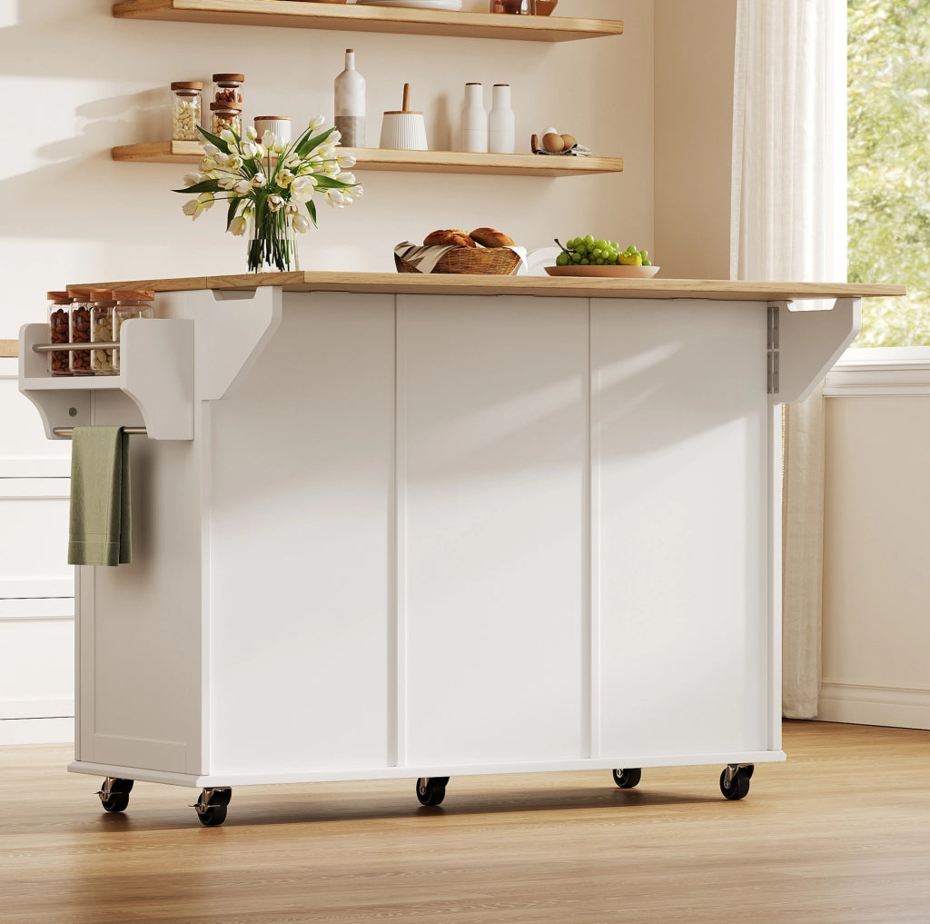Isola da cucina su ruote 120x45 cm con piano di lavoro ribaltabile, 2 cassetti, 2 ante, portastoviglie e portasciugamani, bianco