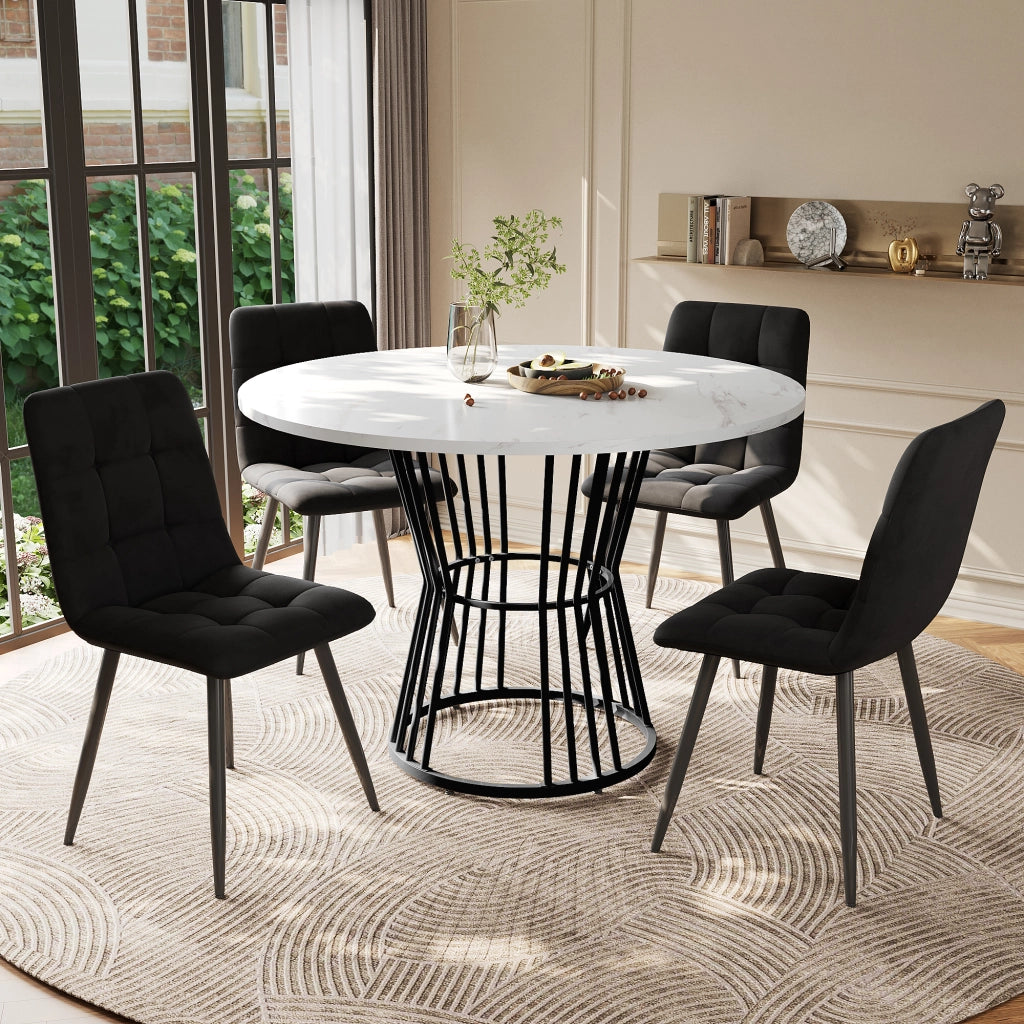 Set tavolo da pranzo rotondo 100 cm, piano MDF bianco e gambe metallo nero, con 4 sedie in velluto nero, 5 pezzi