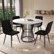 Set tavolo da pranzo rotondo 100 cm, piano MDF bianco e gambe metallo nero, con 4 sedie in velluto nero, 5 pezzi