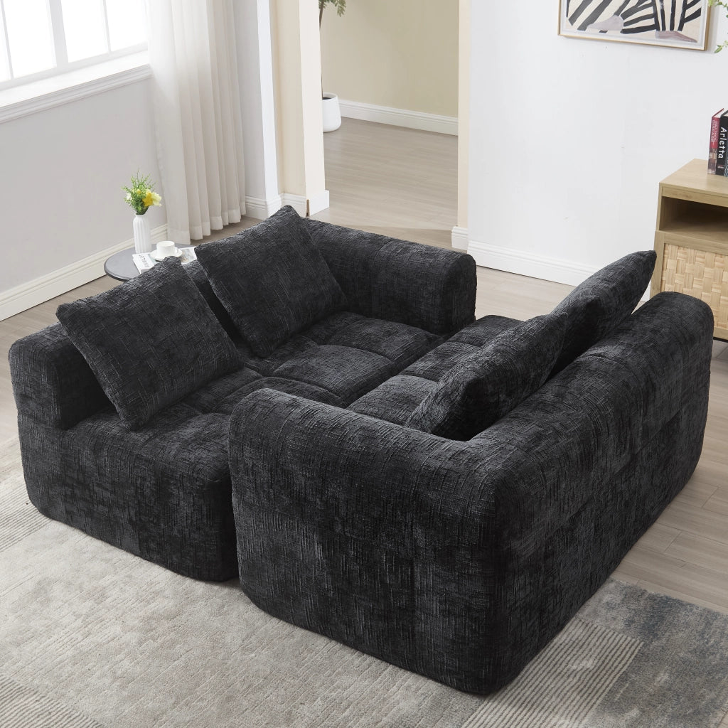 Divano componibile 3 posti con chaise longue e tasche laterali in ciniglia nera, 250x158 cm