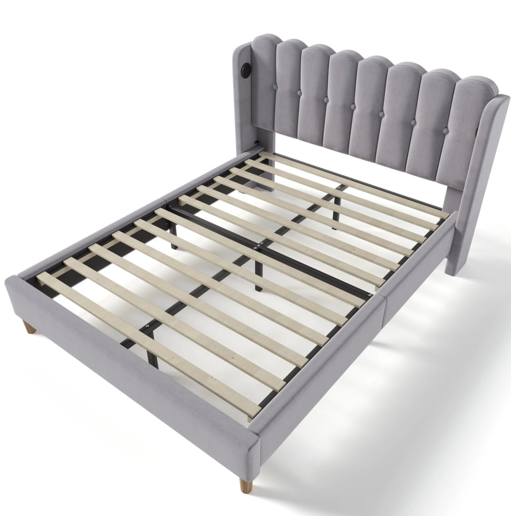 Letto imbottito 140x200 cm in lino grigio con USB e Type-C