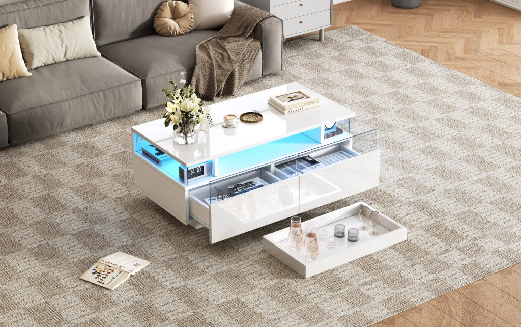 Tavolino da salotto bianco lucido 90x45x35,5 cm con 2 cassetti in acrilico, vetrate laterali in vetro temperato, ripiano estraibile e illuminazione LED controllabile via app