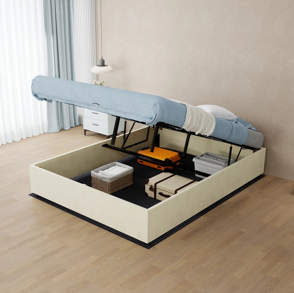Letto contenitore 140x200 cm in tessuto e metallo beige con materasso
