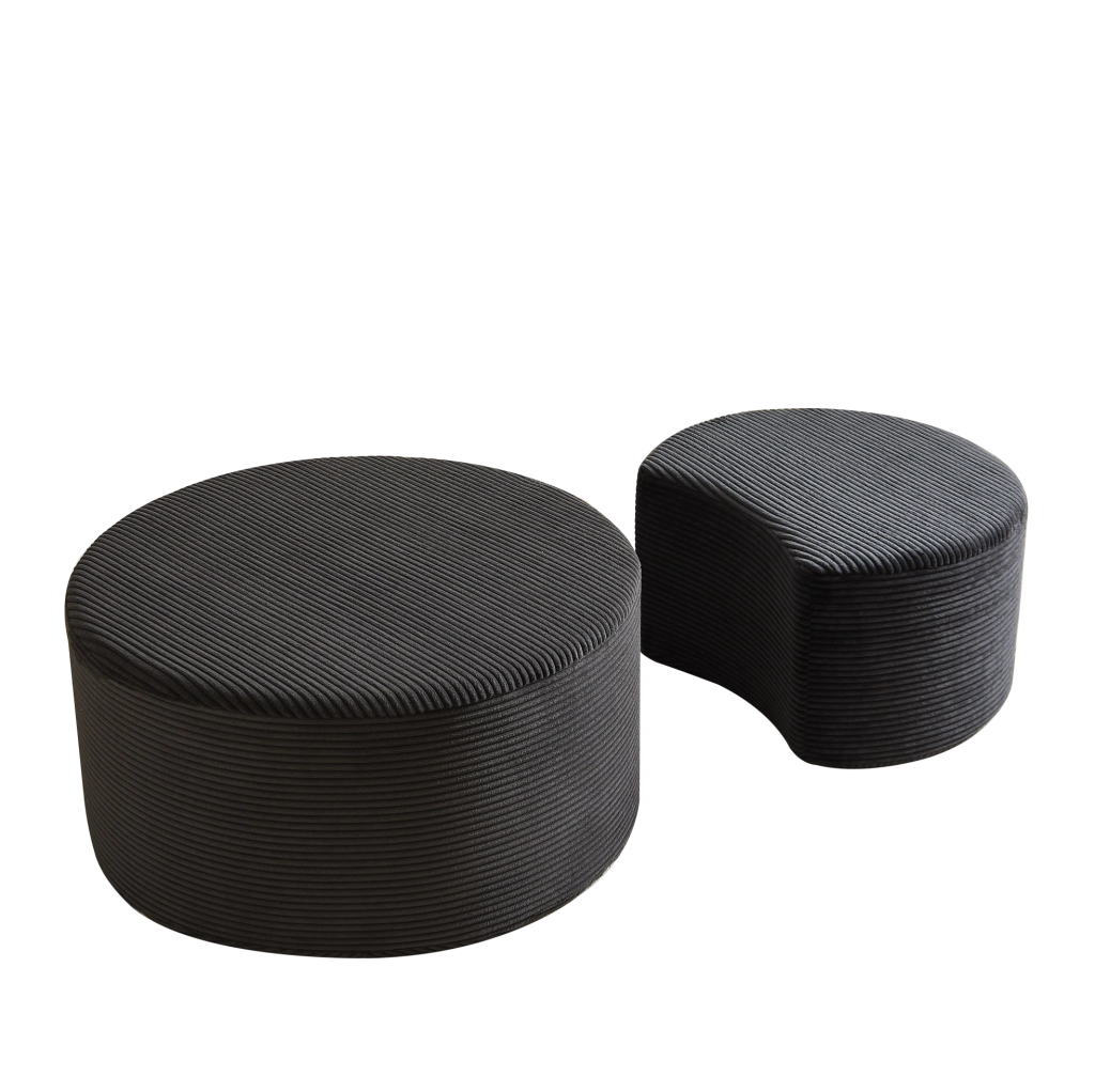 Set di 2 tavolini rotondi imbottiti in tessuto nero, utilizzabili come pouf
