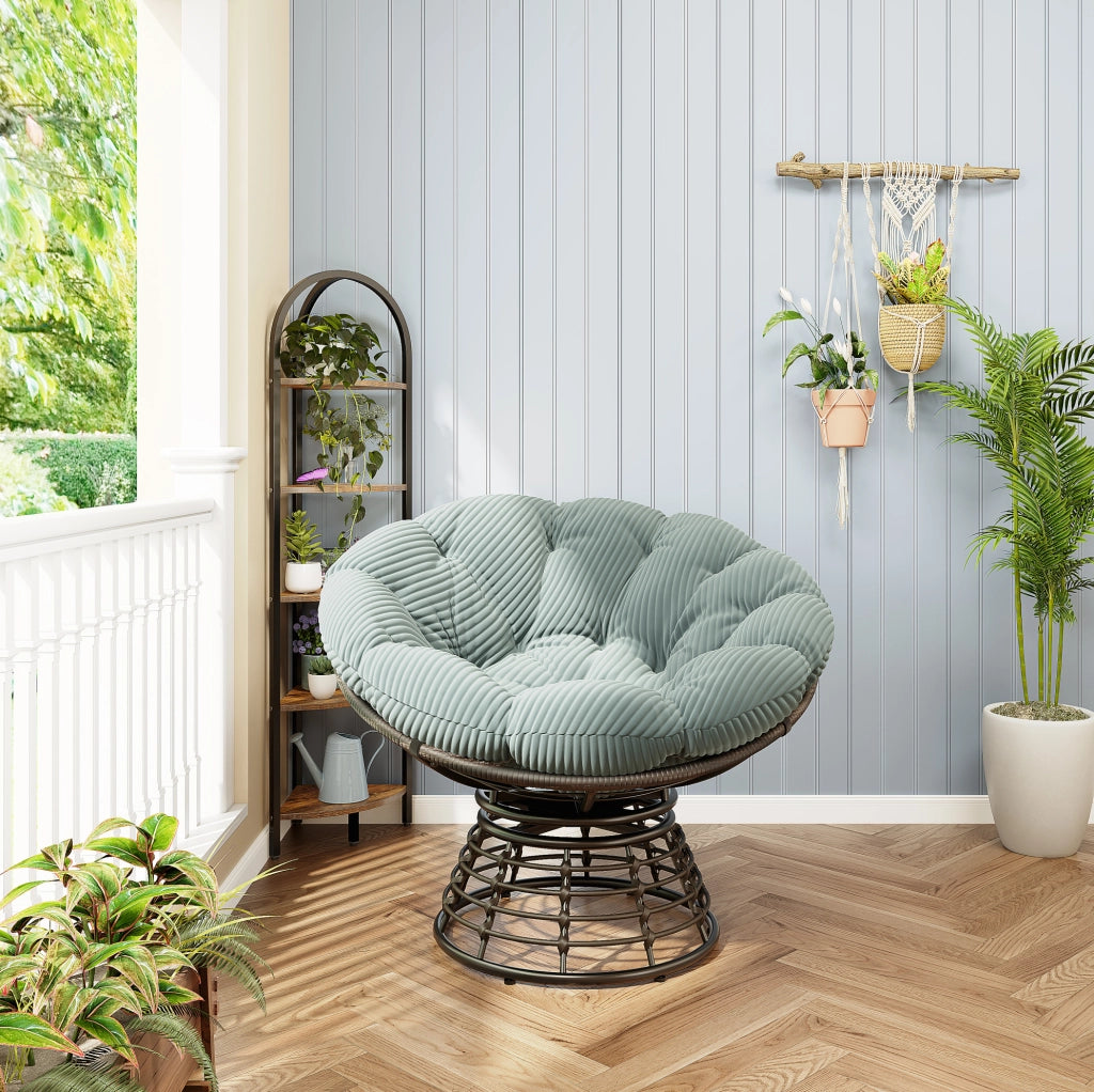 Sedia Papasan Ergonomica in Rattan con Rotazione 360°, Cuscino Spesso in Velluto a Coste Verde Chiaro, Telaio Marrone, per Interni ed Esterni