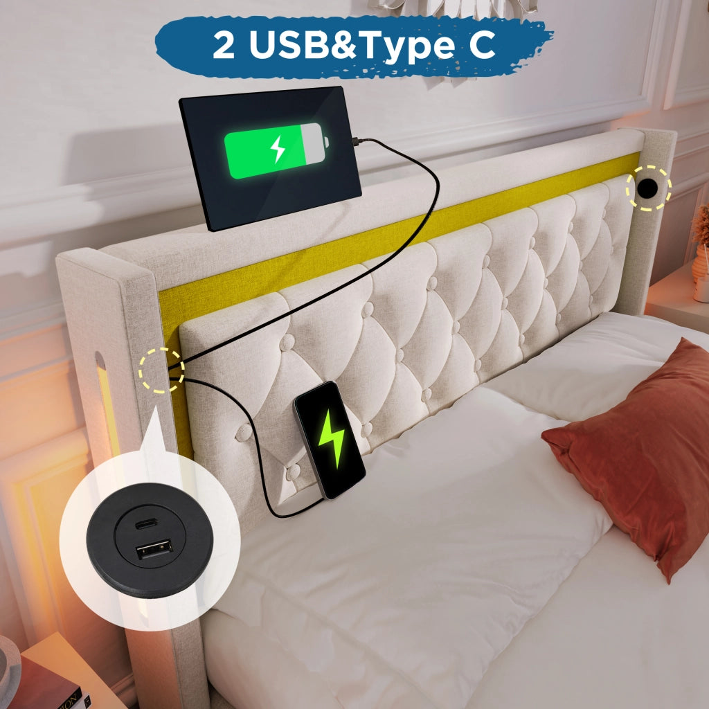 Letto imbottito LED matrimoniale con contenitore e ricarica USB Type-C, struttura in cotone, 140x200 con rete a doghe (senza materasso)