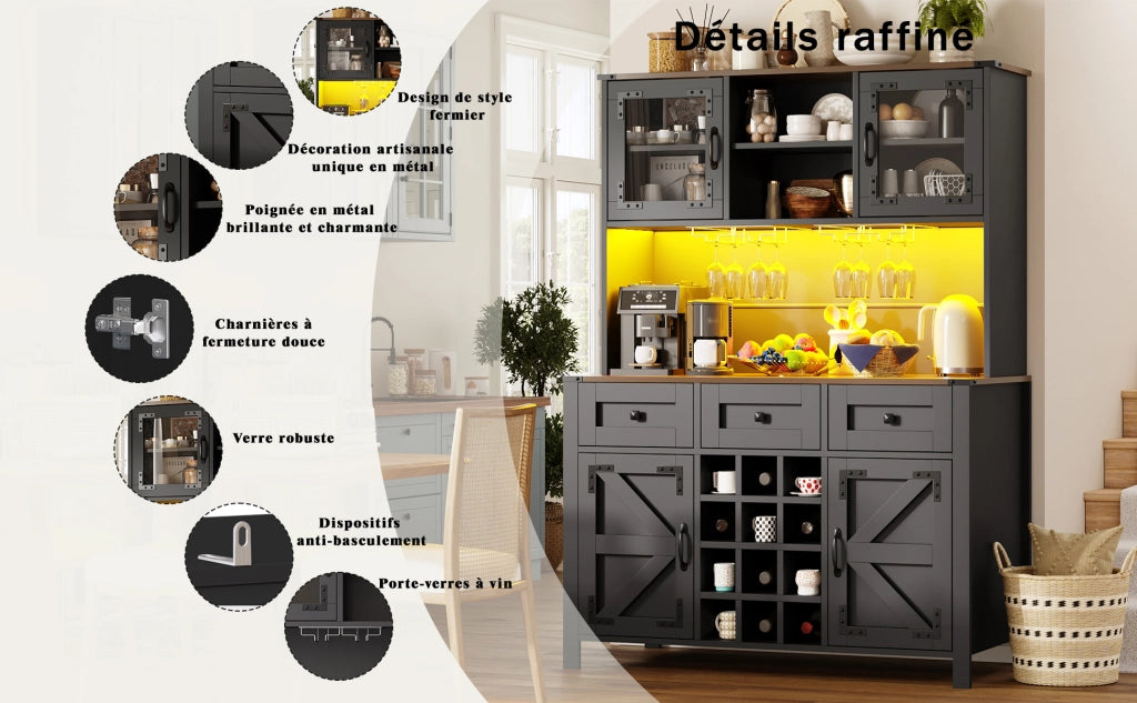 Credenza Alta con LED, USB e Prese ¨C MINIMAL ¨C 4 Ante, 3 Cassetti, Nero, 120¡Á40¡Á170cm