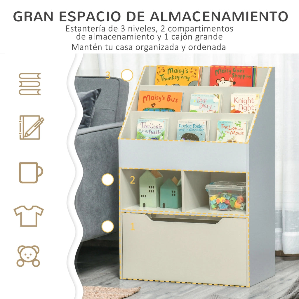 Libreria per Bambini con 3 Ripiani, 2 Cubi e Cassetto con Ruote ¨C Zephmum ¨C Grigio 60x30x90 cm