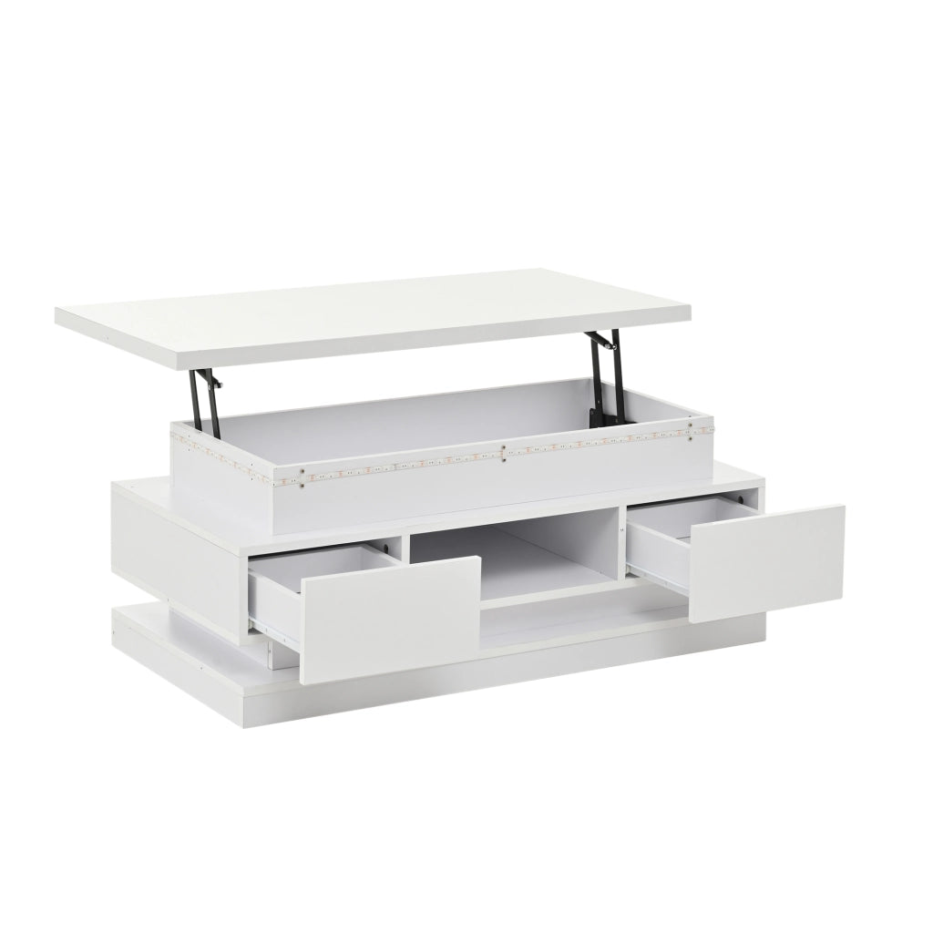 Tavolino da salotto sollevabile bianco lucido con cassetti e LED