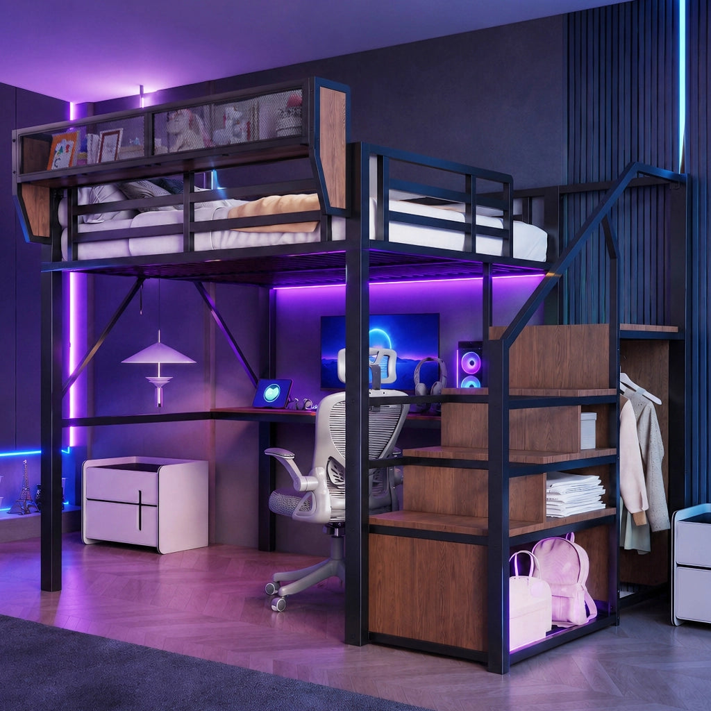 Letto a Soppalco 140x200 in Metallo con Scrivania; Luci LED e Prese Integrate; Nero