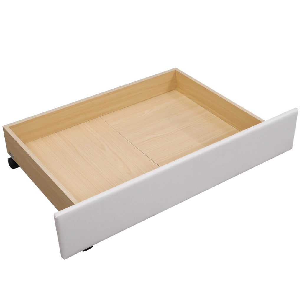Letto imbottito bianco 140x200 cm con rete a doghe, 2 cassetti e testiera con borchie in legno e ecopelle