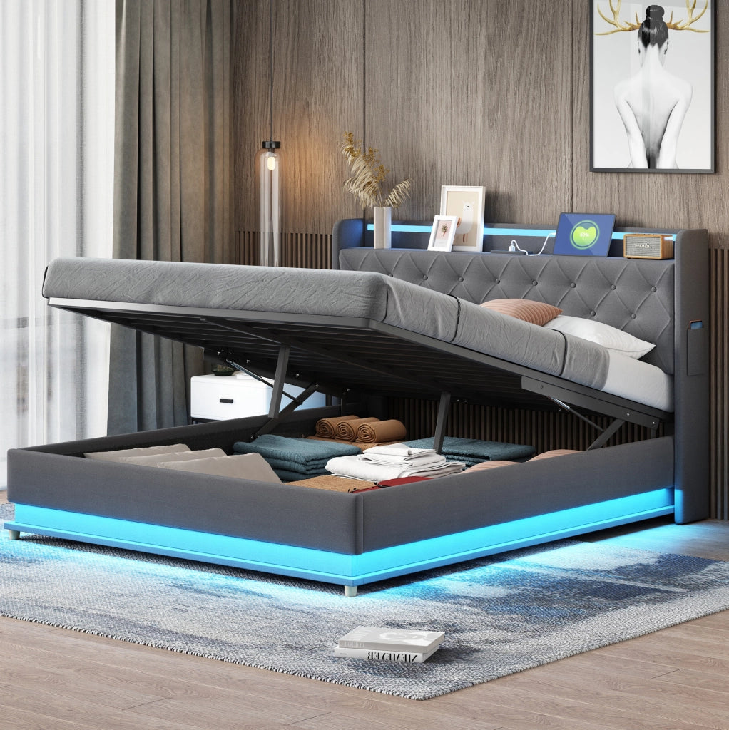 Letto imbottito LED 160x200 cm con porta USB e contenitore idraulico; grigio