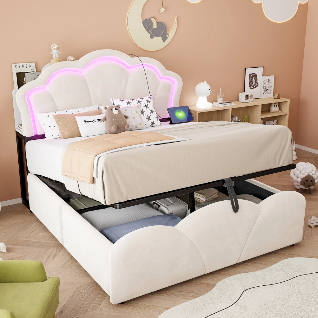 Letto imbottito 140 × 200 cm con contenitore idraulico in velluto beige LED prese e vani nella testiera