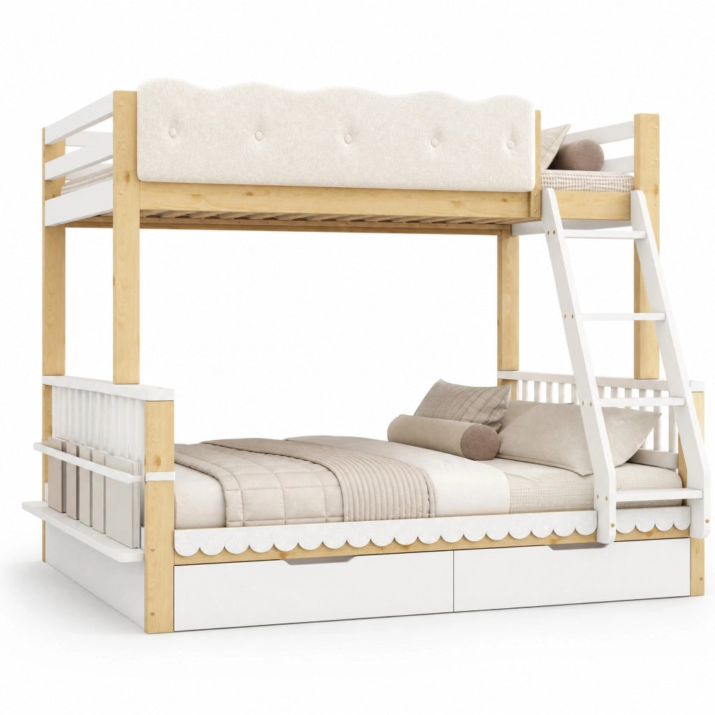 Letto a Castello 90 x 200 cm e 140 x 200 cm; 3 Posti con 2 Cassetti e Portariviste