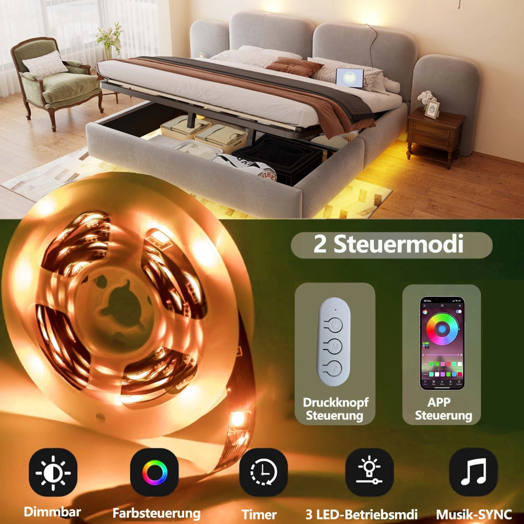 Letto contenitore 180 × 200 cm con sollevamento idraulico; LED RGB; USB e USB-C; rivestito in velluto grigio