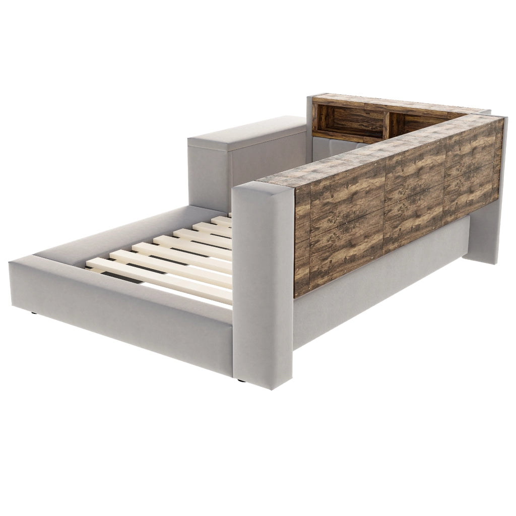 Letto Imbottito 90x200 cm Singolo Grigio Scuro con Testiera Portaoggetti; LED e Prese Integrate