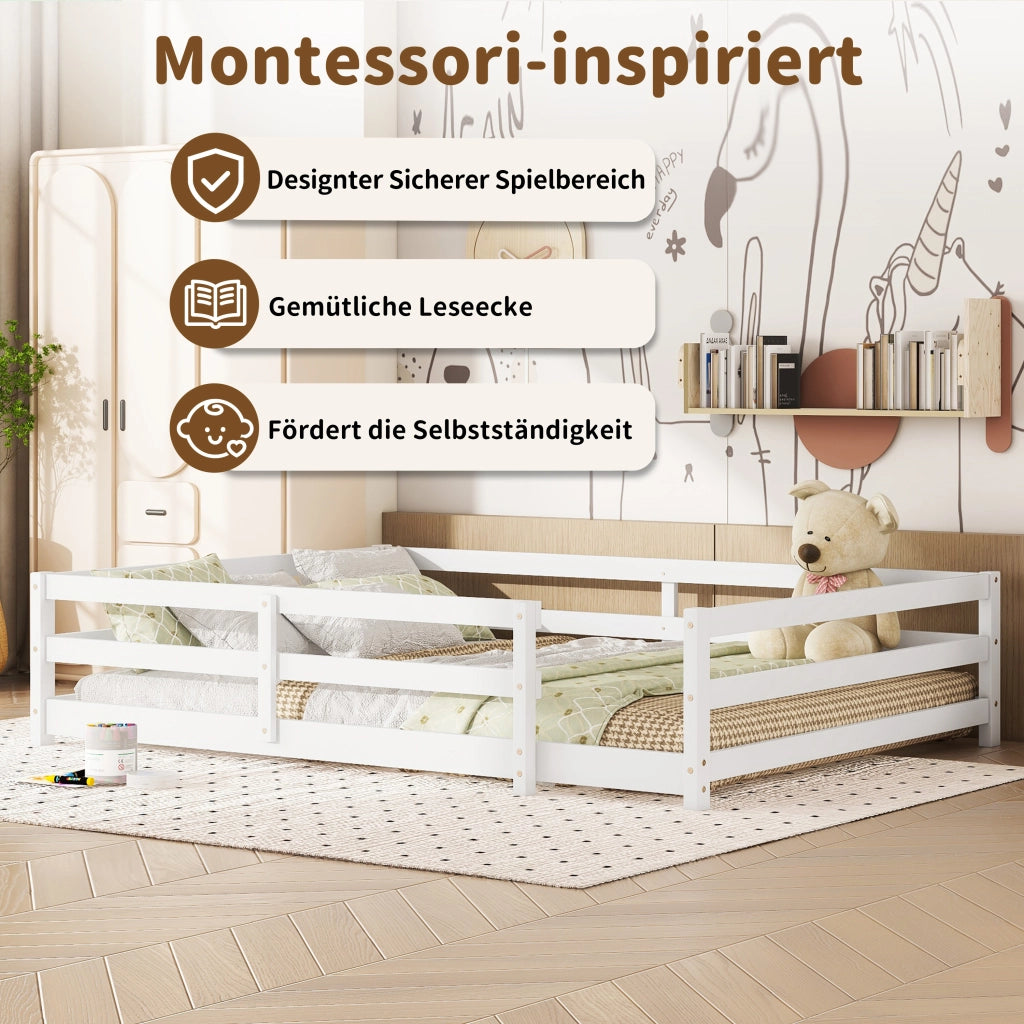 Letto singolo 140 × 200 cm con rete a doghe inclusa struttura bassa con barriera su 4 lati in legno bianco