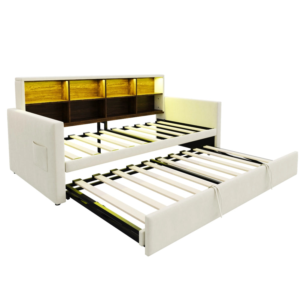 Polsterbett Schlafsofa 90x190 cm mit ausziehbarem Bett, integriertem Staufach, LED-Lichtleiste und Ladeanschlüssen, Samtbezug Beige