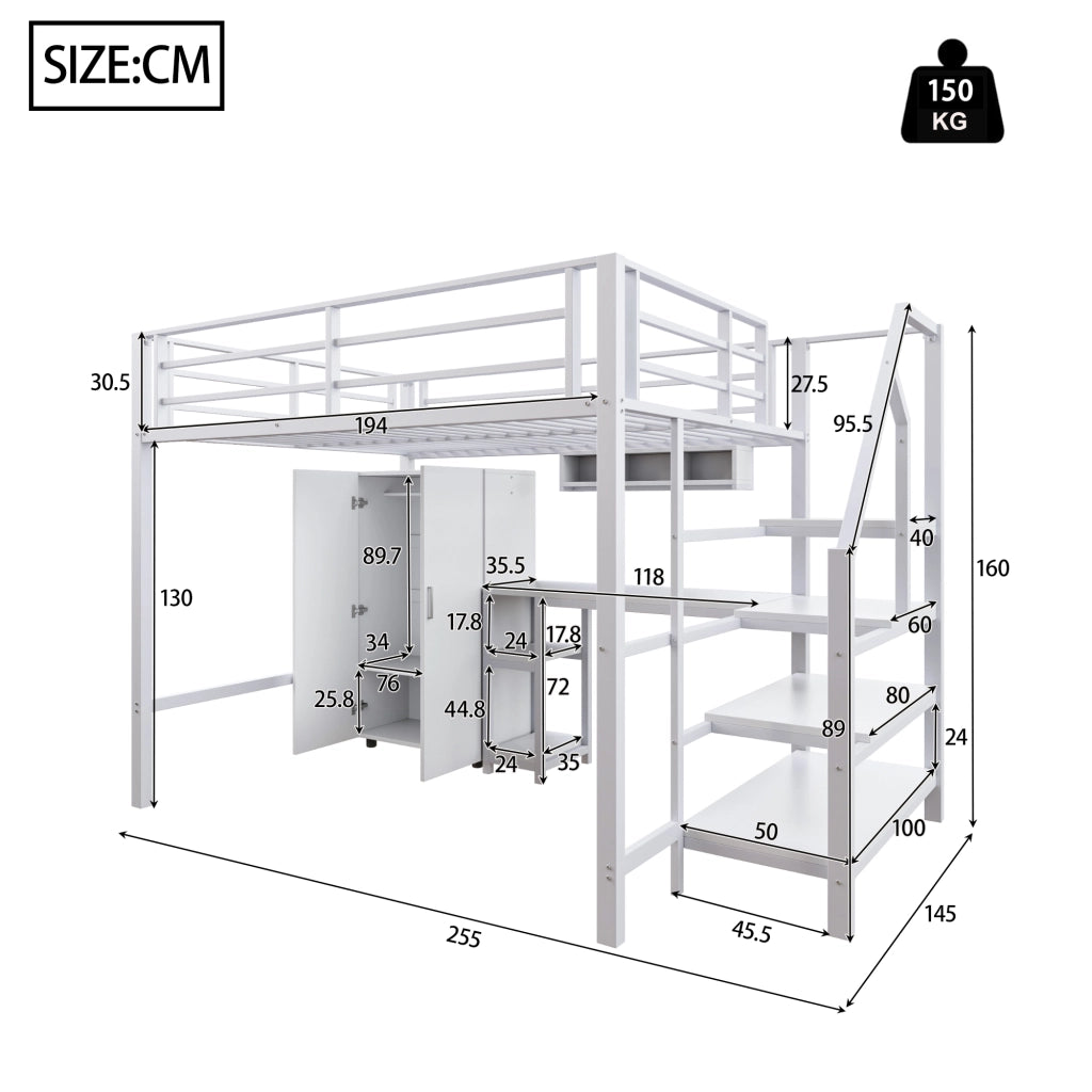 Letto a soppalco 140 × 200 cm con scrivania armadio scaffali e scala contenitore in metallo e MDF bianco