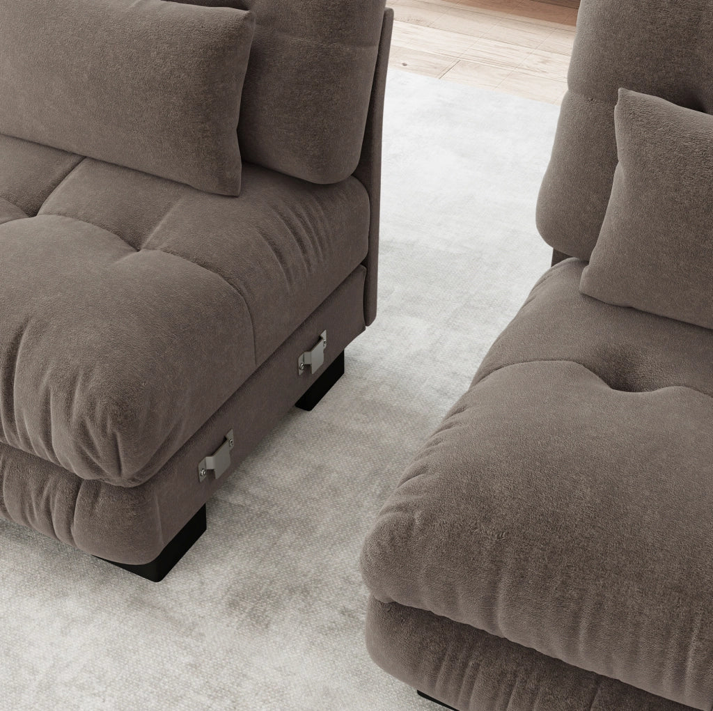 Set di divani modulari in ciniglia marrone con ottomane mobili