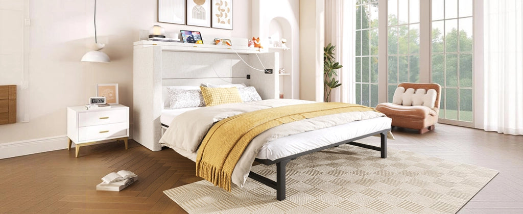 Letto a scomparsa 140 × 200 cm con cassetto; ripiano trasformabile; porte USB e Type-C; lino beige
