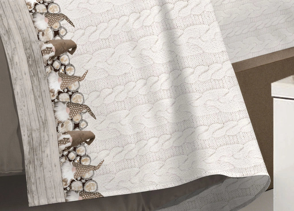 Completo Lenzuola Linea Pensieri Delicati 100% Cotone Disegno Gnomi - Piazza E Mezza - Beige