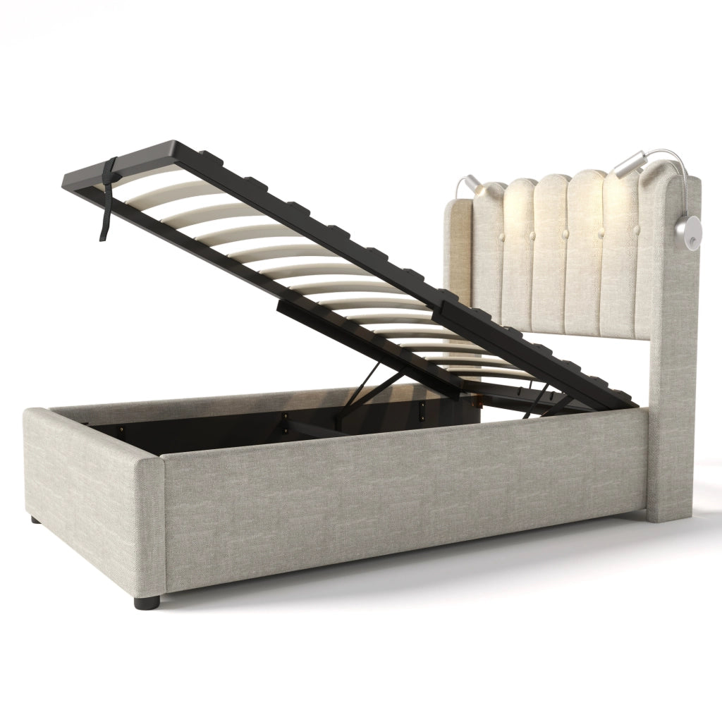 LETTO Contenitore 90x200 cm in Lino Naturale con Luce da lettura e USB