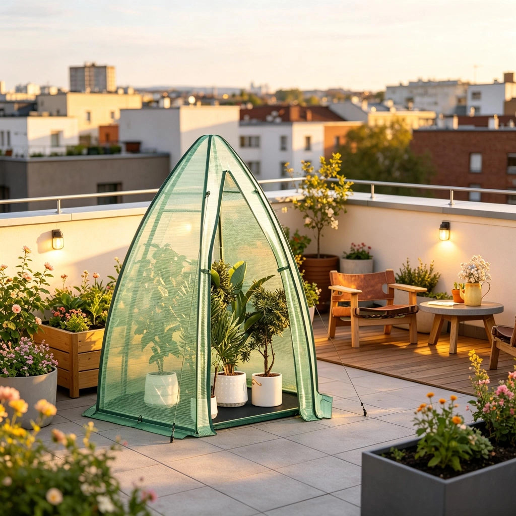 Serra da giardino con telo in PE 130 gsm e base isolante; struttura in acciaio con porta e finestra