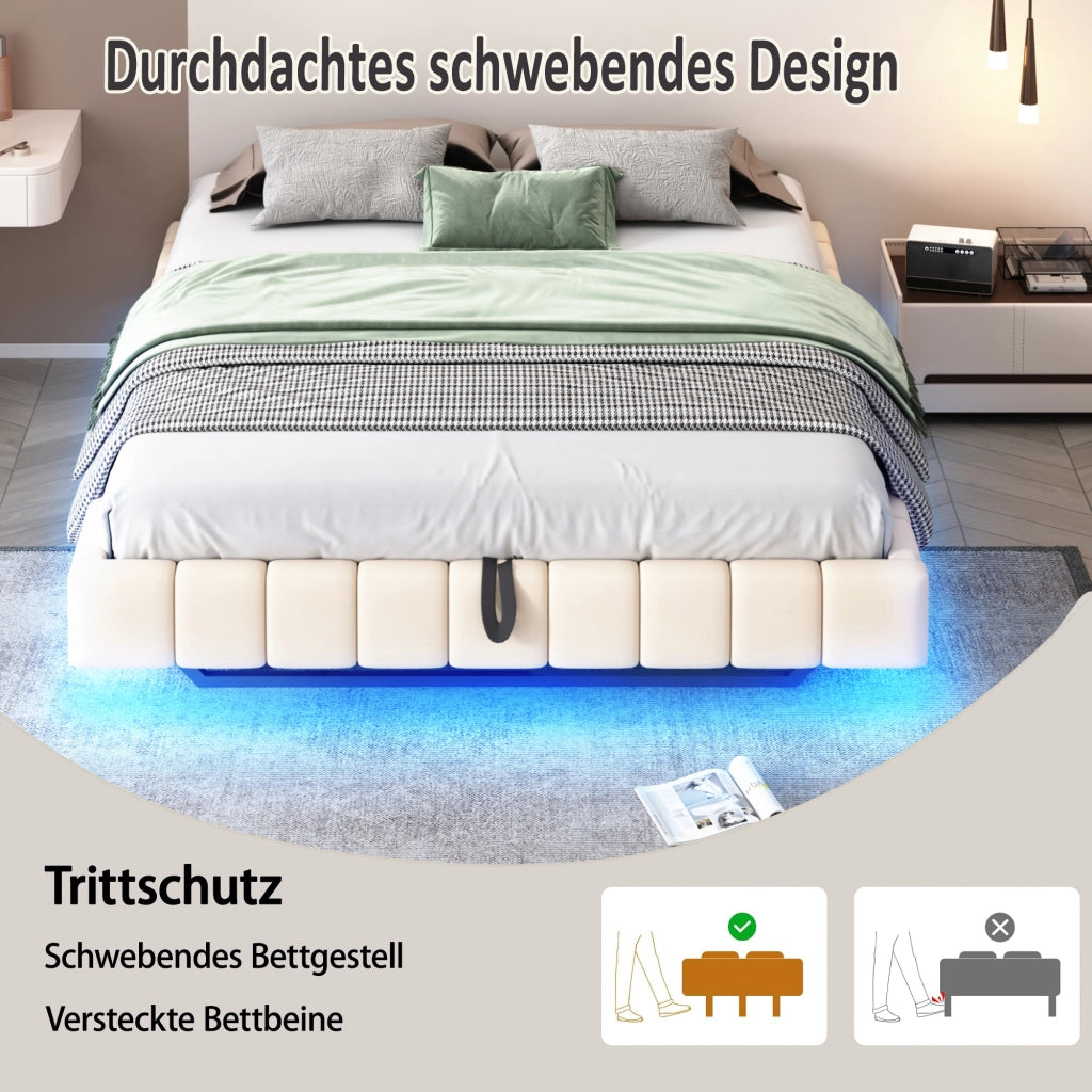 Letto Matrimoniale Imbottito 160x200 cm in Lino con Contenitore Idraulico; LED; Testiera; Beige