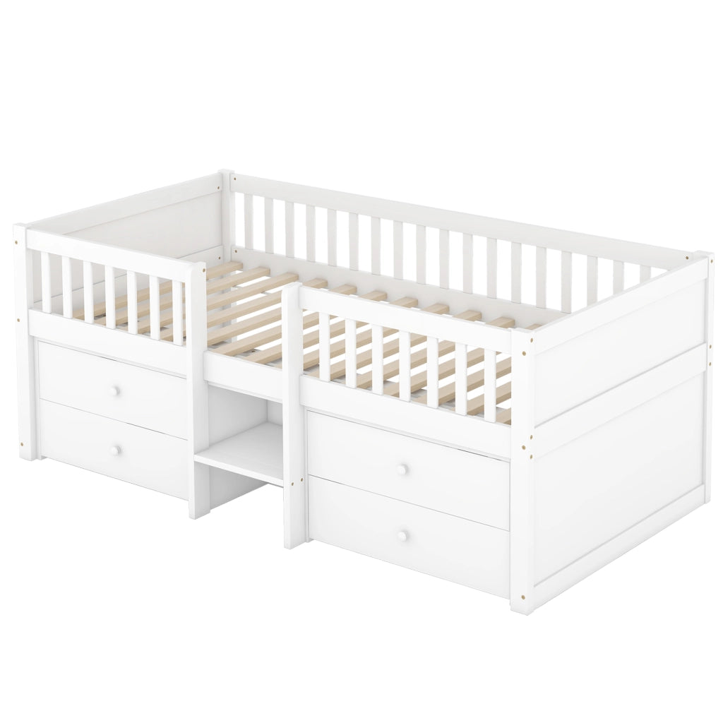 Letto a soppalco 90×200 cm con 4 cassetti; sbarre e scala; senza materasso; pino; bianco; per camera da letto