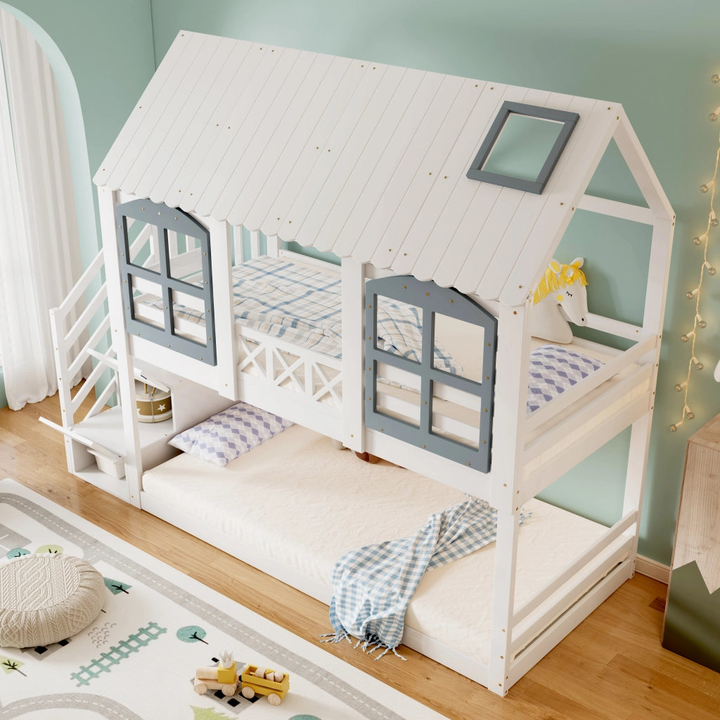 Letto a castello per bambini 90x200 cm in pino e MDF; a casetta con tetto; finestre e scala contenitore; bianco e grigio