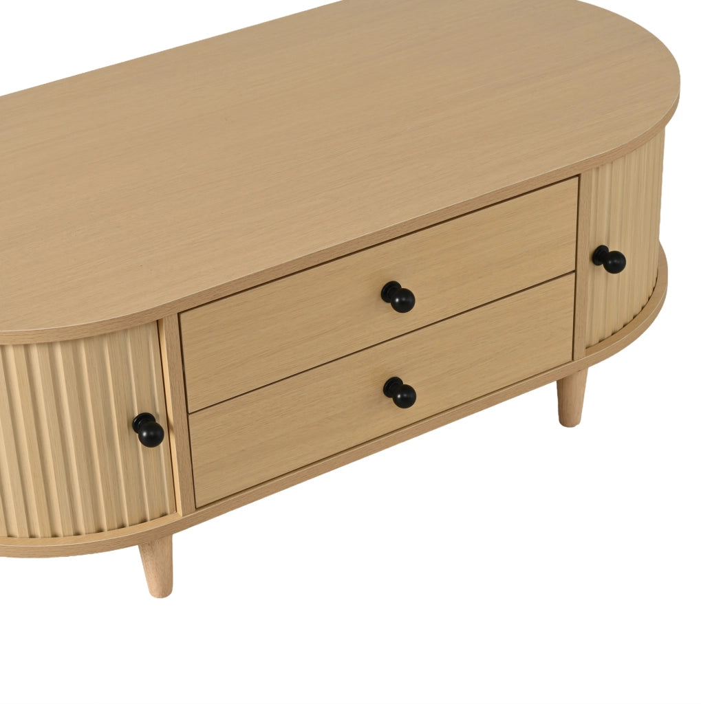 Tavolino da salotto 100x50 cm con 2 cassetti e ante avvolgibili; MDF effetto legno naturale HOMVRA
