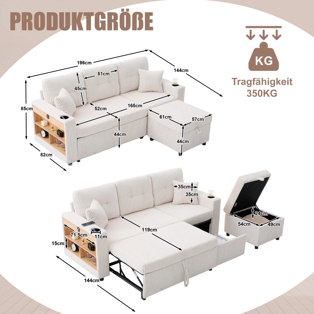Divano letto estraibile in velluto a coste beige con vano contenitore USB-C e LED 196 × 82–144 × 85 cm