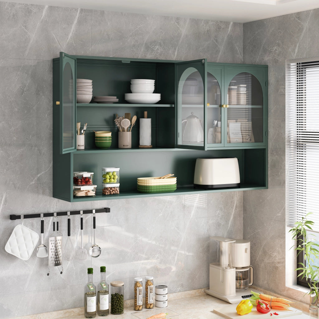 Vetrina sospesa a quattro ante in metallo e vetro grigio verde scuro per cucina e soggiorno 120 × 23 × 70 cm