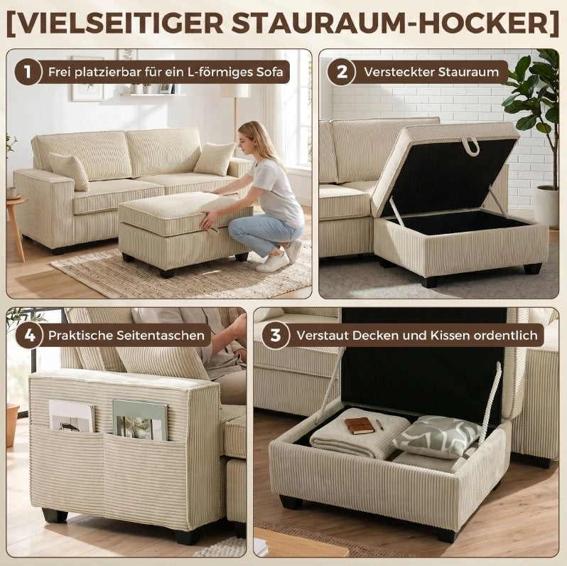 Divano modulare 3 posti in velluto a coste beige con pouf contenitore