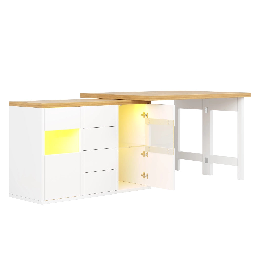 Credenza da cucina girevole a 360°; con 4 cassetti e porte in vetro; LED; per cucina e sala da pranzo
