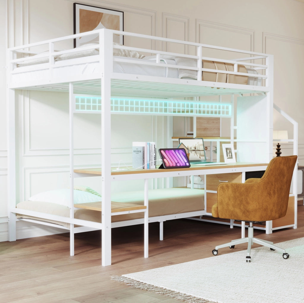 Letto a castello 140x200 cm bianco metallo e MDF con scrivania e letto 90x200