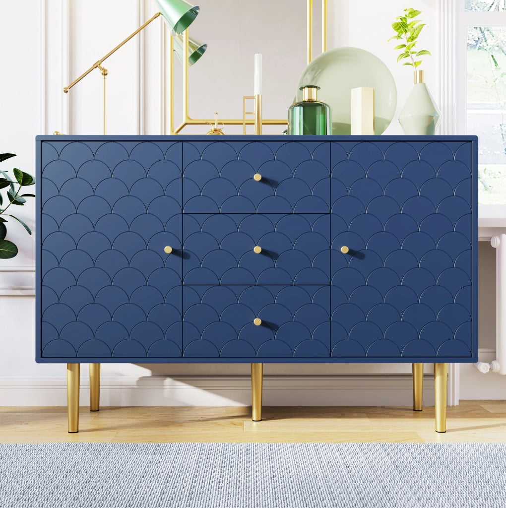 Credenza 120 x 40 x 83 cm in truciolare e metallo blu navy, 2 ante, 3 cassetti
