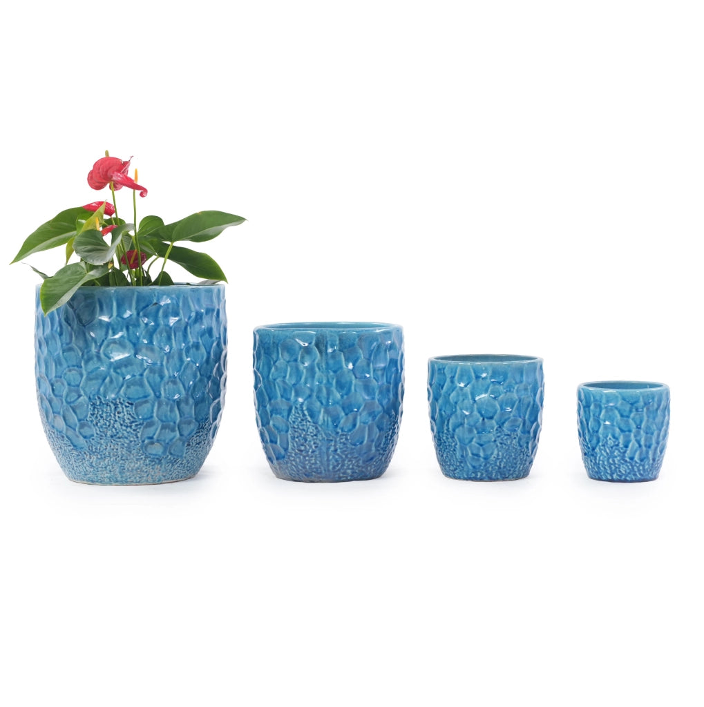 Vaso in ceramica media Ø30 cm blu lucido con rilievo a martellatura e foro di drenaggio, resistente al gelo, per piante da cucina e ornamentali