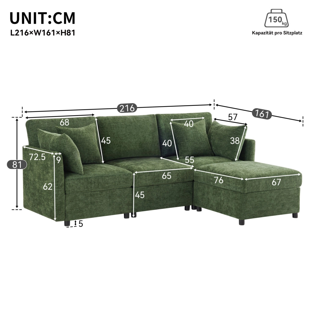 Divano modulare configurabile a L con pouf mobile; 3-4 posti; chenille verde; 216 x 161 x 81 cm