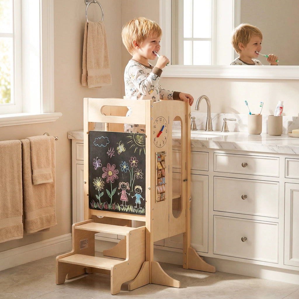 Torre pieghevole bambini sgabello cucina legno 2 scalini rete sicurezza, Torre apprendimento lavagna giochi montessori bambini 3+ anni Naturale