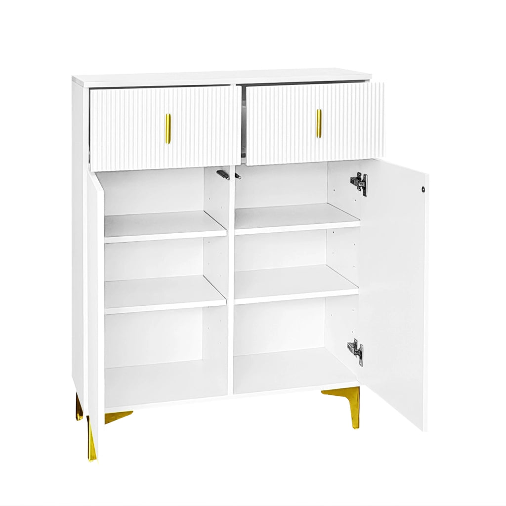 Credenza e madia con 2 ante a pressione, 2 cassetti e ripiani regolabili per soggiorno, bianco, 83 × 35 × 101 cm